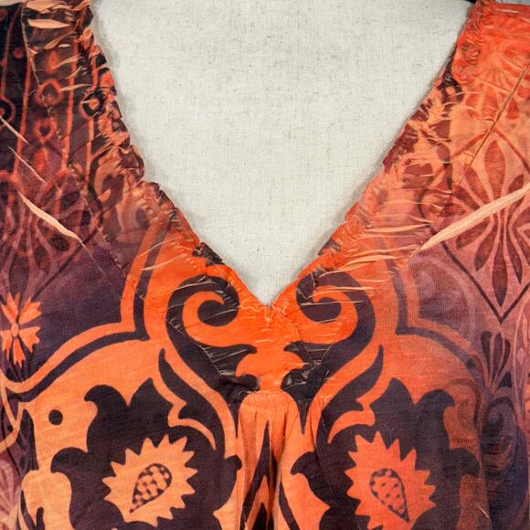 One World X-Large Top Geometric Sublimation Stretch Ruffled V-Neck Cap Sleeve - Picture 2 of 10